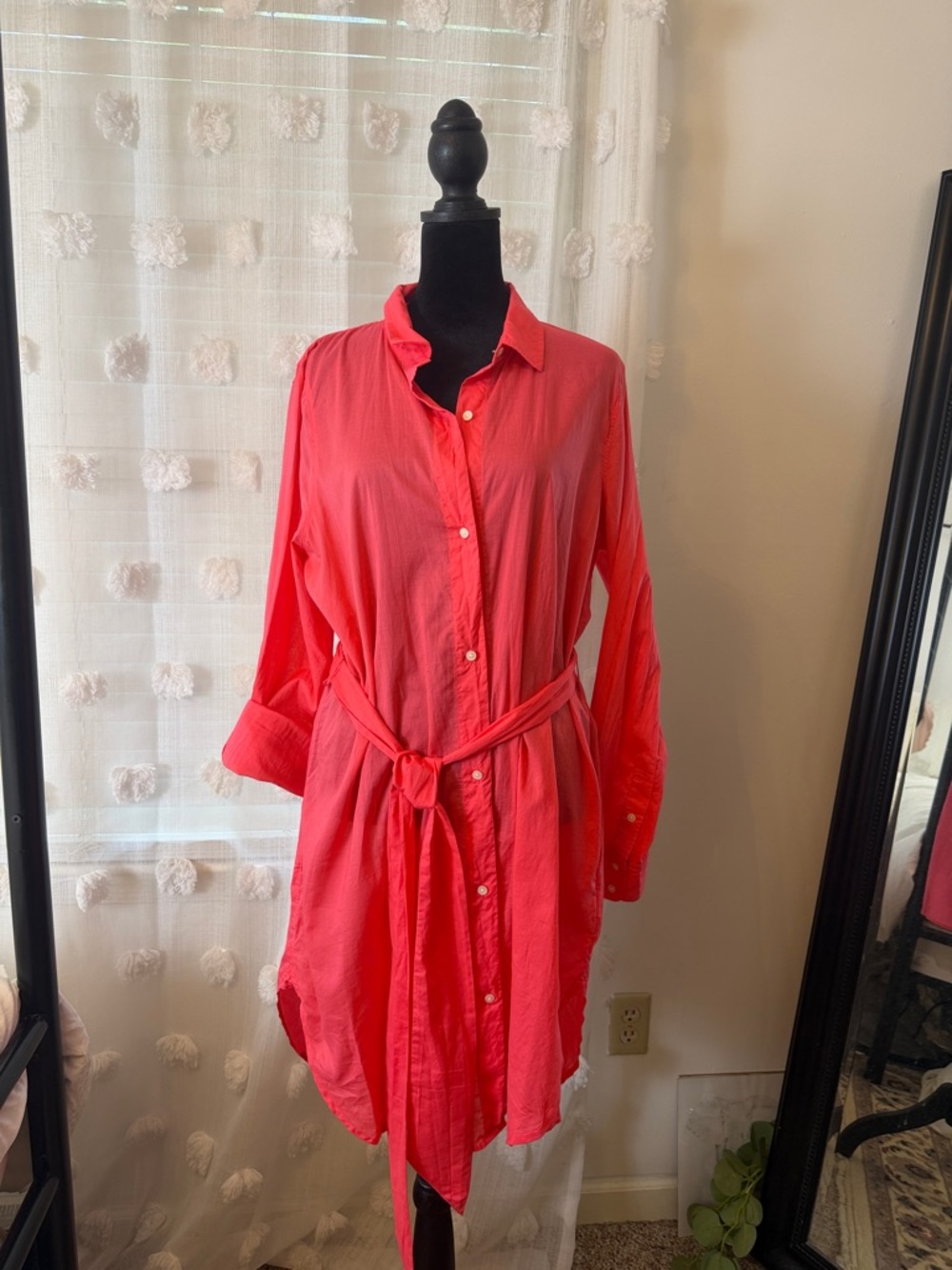 J Crew L Button-Front light weight Shirt Dress in Bright Coral Pink